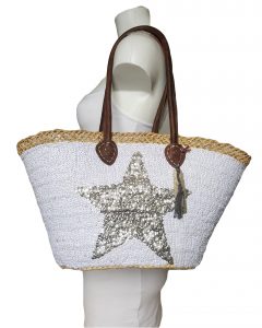 rieten strandtas wit met zilveren ster size medium 25-40cm