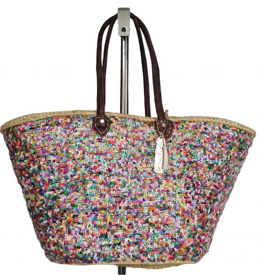 rieten strandtas multi model Boho met pailletten in multi color 35-45cm