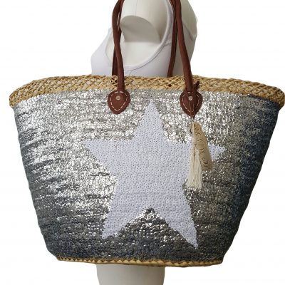 rieten strandtas zilver met witte ster