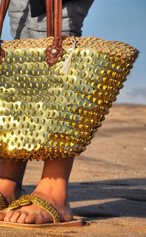 rieten strandtas grote gouden pailletten strand