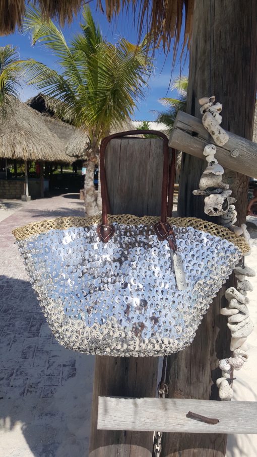 rieten strandtas zilver grote pailletten - Afbeelding 4