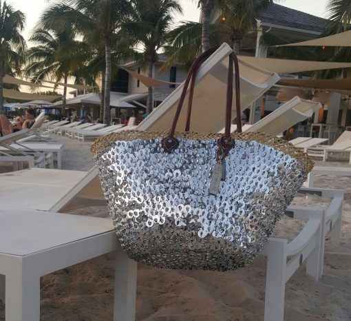 rieten strandtas zilver grote pailletten - Afbeelding 3