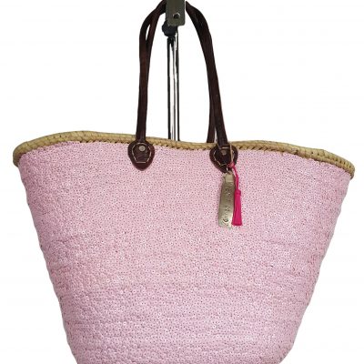 rieten strandtas boog roze