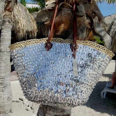 rieten strandtas zilver grote pailletten