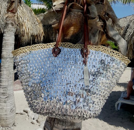 rieten strandtas zilver grote pailletten