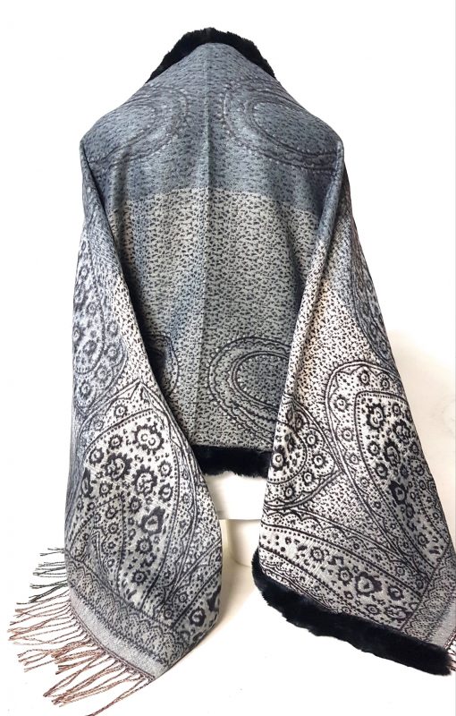 sjaal paisley grijs met zwart randje bont
