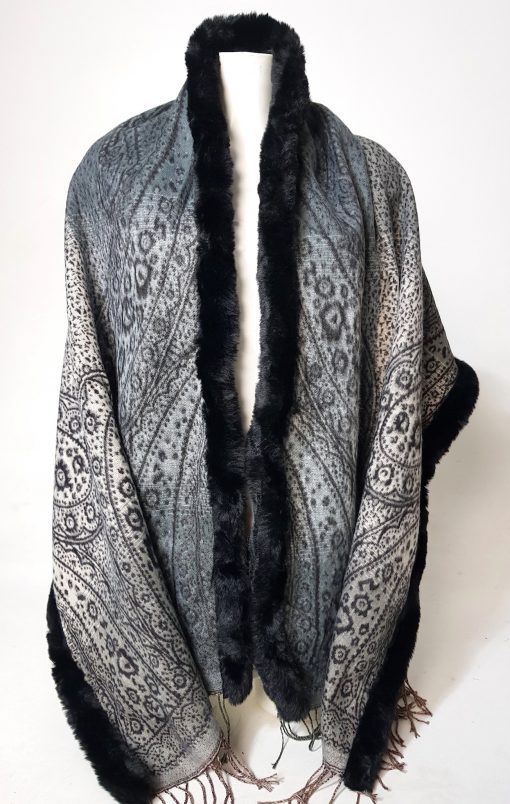 sjaal paisley grijs met zwart randje bont