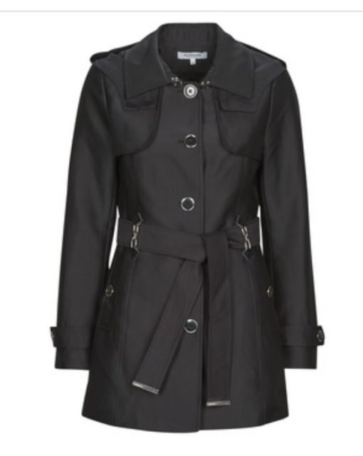 trenchcoat zwart morgan sportief model mooi afgewerkt met leuke details bij riem en de capuchon