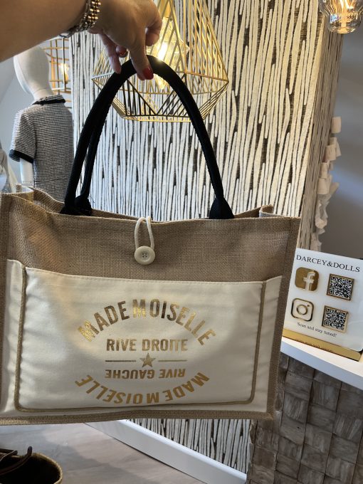 jute shopper met katoenen voorkant wit met gouden letters hoogte 36cm-breedte 46 cm helemaal van licht katoen geweven met zwarte katoenen hengsels