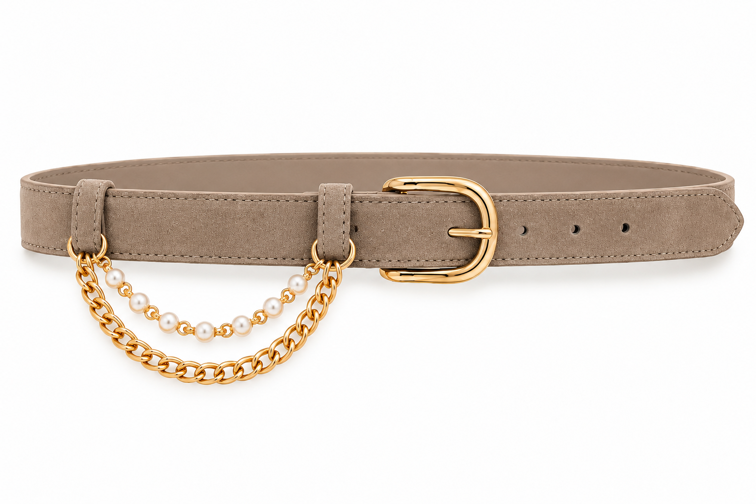 Taupe damesriem met kettingen van Darcey & Dolls. Luxe riem met goudkleurige details en parels. Stijlvol voor jeans, jurk, rok of pantalon.
