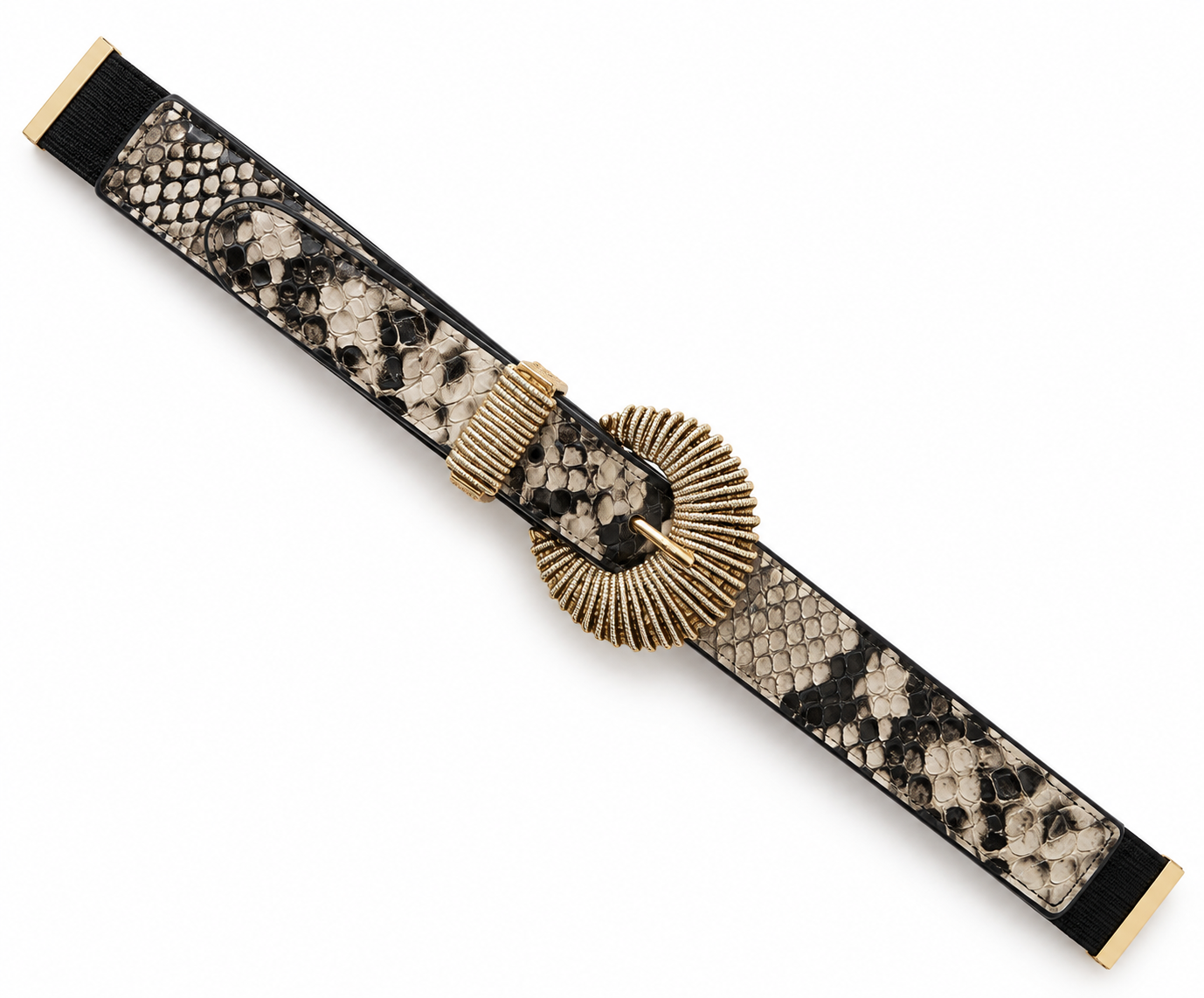 Elastische riem slangenprint van zwart elastiek met aan de voorkant een vega leer stukje snake print