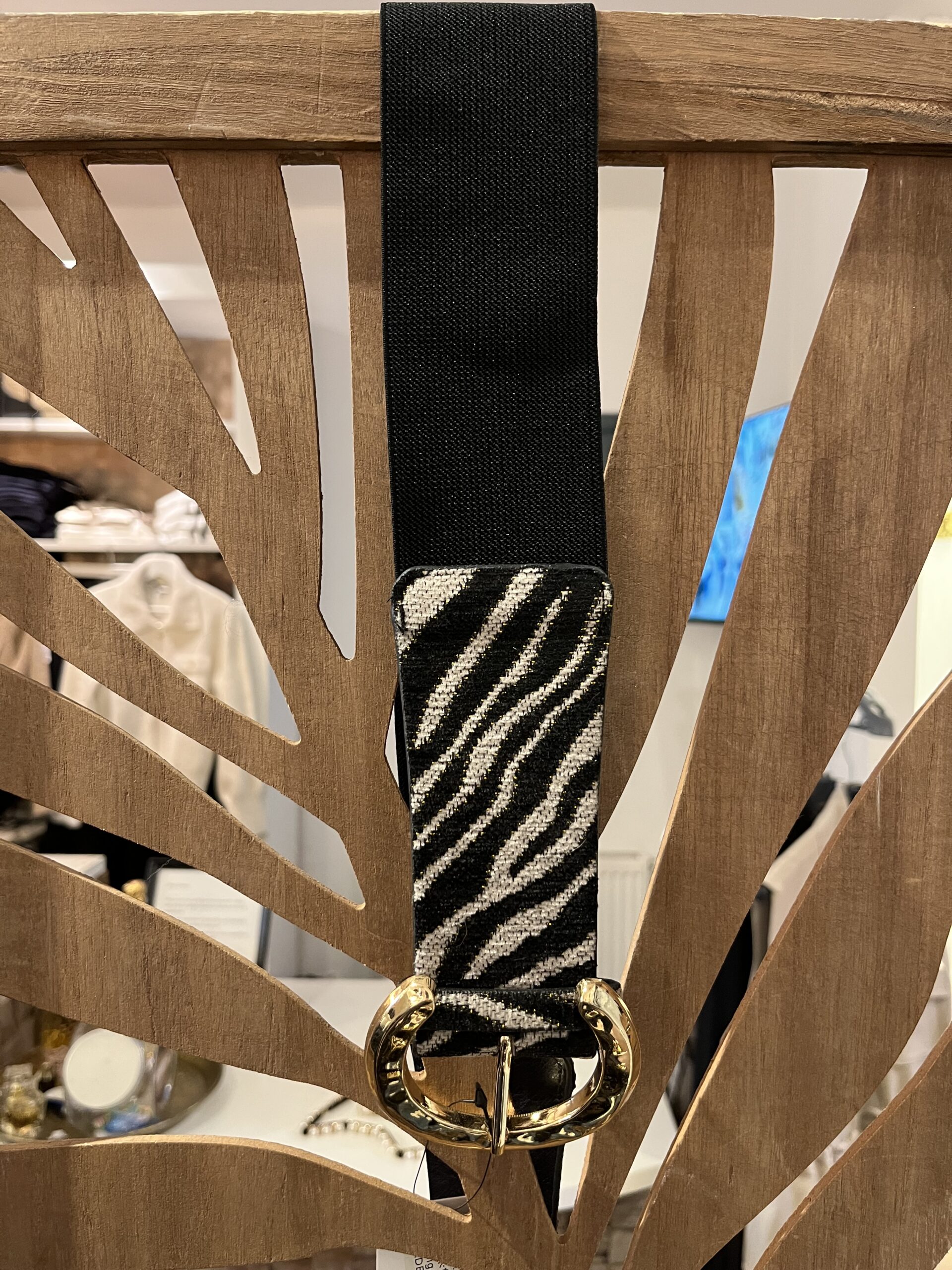 Grijze stretchriem dames met zebraprint en gouden gesp