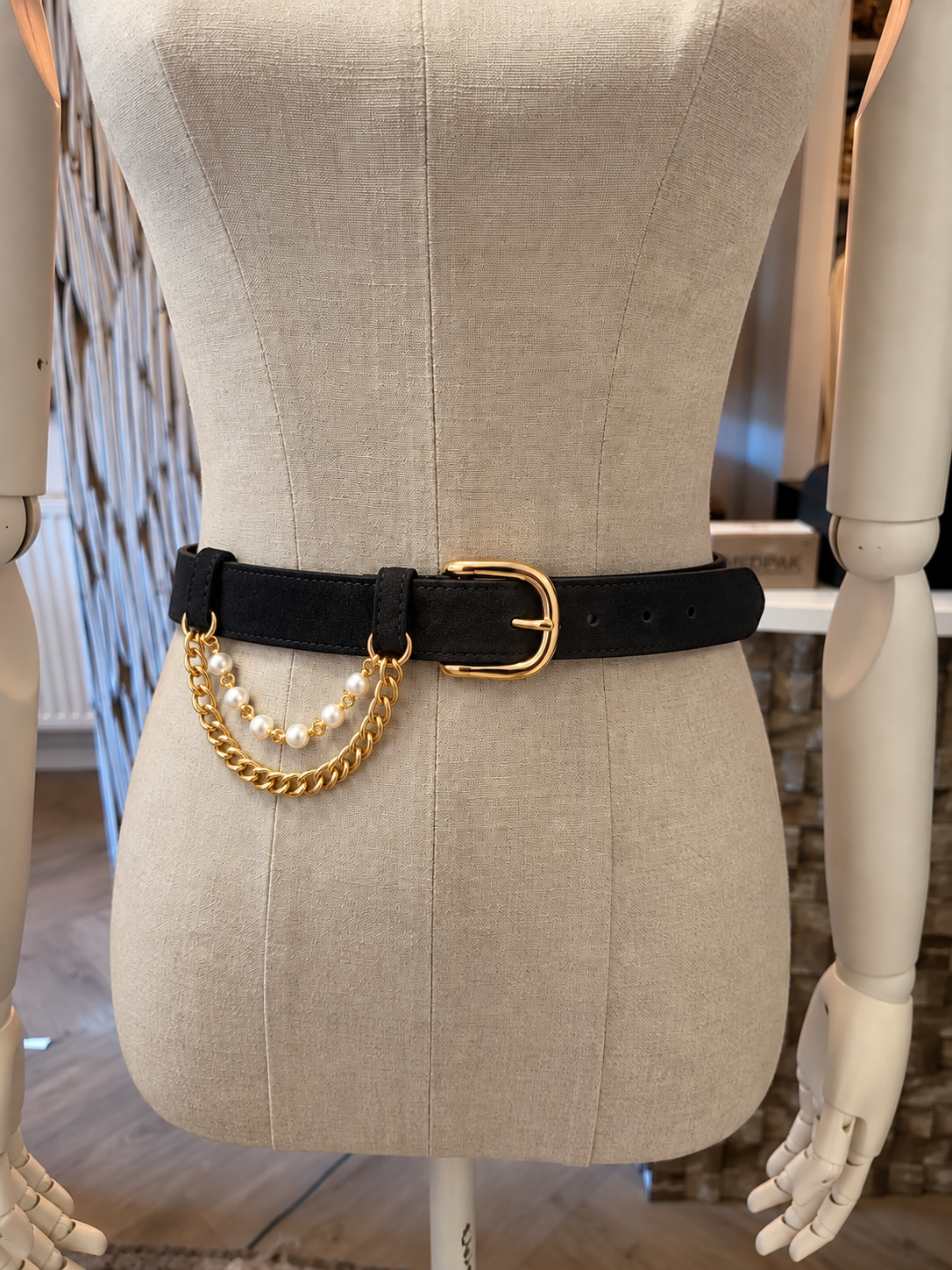 Dames riem met kettingen zwart suede