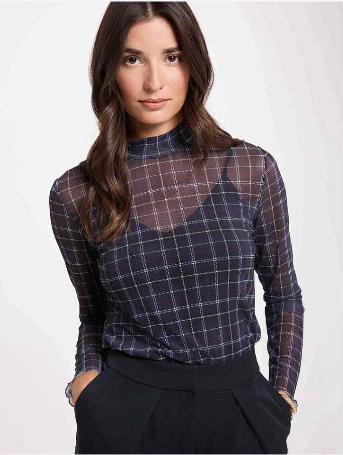 truitje strech doorzichtig blauw met ruitje, dit leuke truitje is helemaal in de schotse look van deze winter. Heerlijke strech kwaliteit doorzichtig met een donkerblauw onderhemdje. Sluit mooi aan met een subtiel turtle nekje, leuk voor onder een blazer maar ook op een jeans voor een casual look