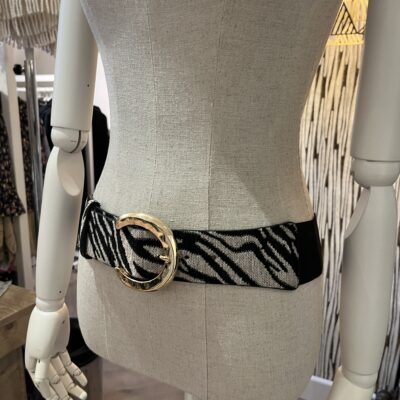 Grijze stretchriem dames met zebraprint en gouden gesp