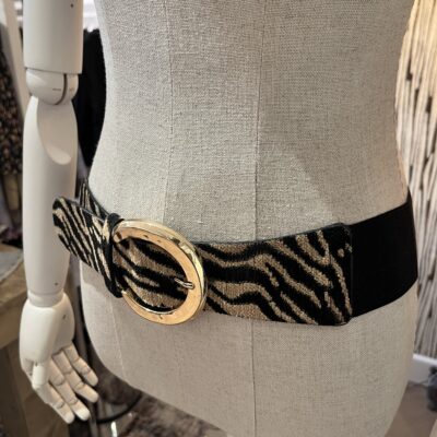 Zwarte stretchriem dames met beige zebraprint
