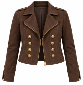 Bruin jasje dubbele knoop met stoere bikerlook en luxe goudkleurige details. De dubbele knopenrij, schuine ritssluiting en vrouwelijke pasvorm maken dit zwarte damesjasje perfect voor zowel een casual als geklede