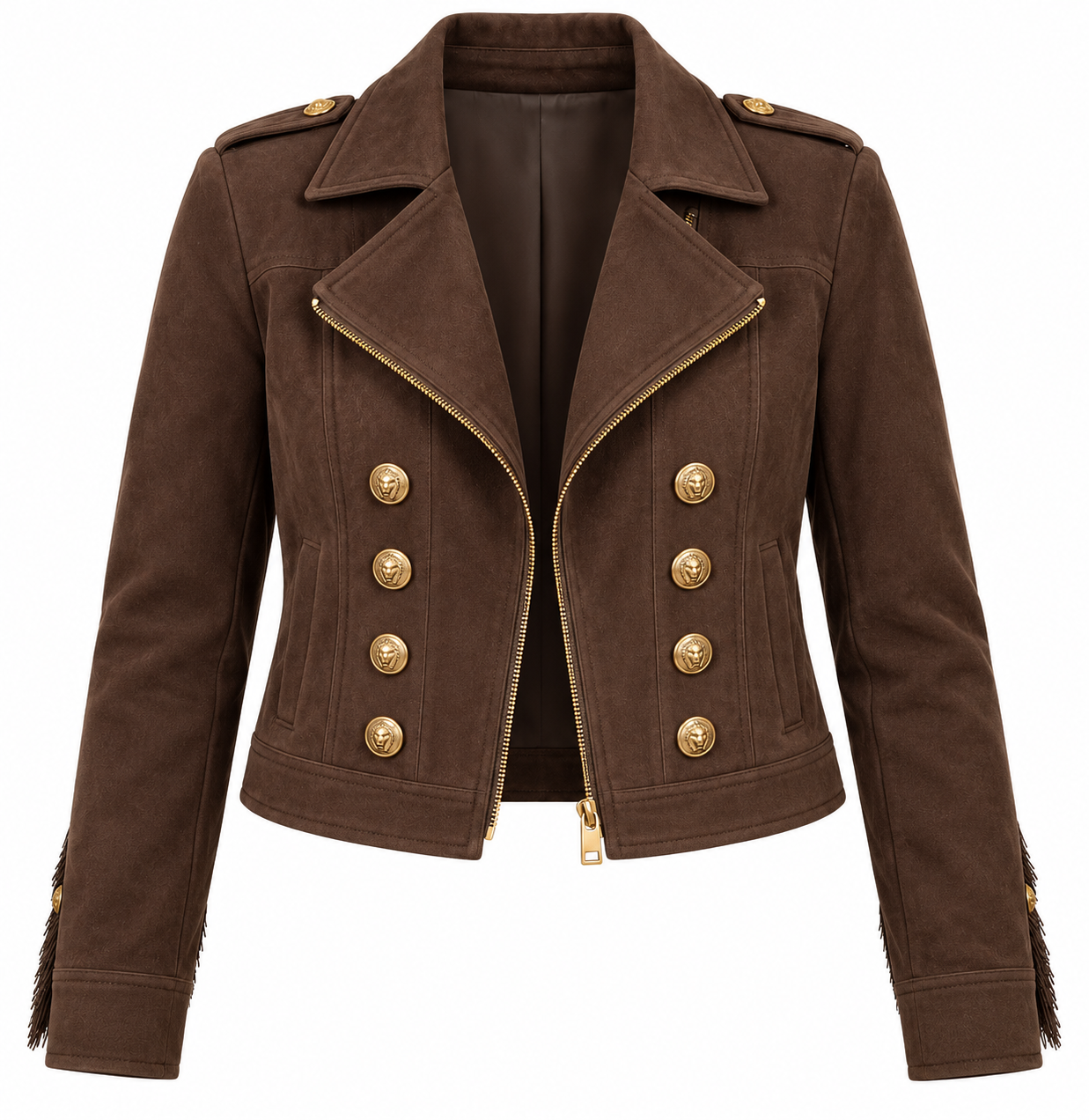 Bruin jasje dubbele knoop met stoere bikerlook en luxe goudkleurige details. De dubbele knopenrij, schuine ritssluiting en vrouwelijke pasvorm maken dit zwarte damesjasje perfect voor zowel een casual als geklede