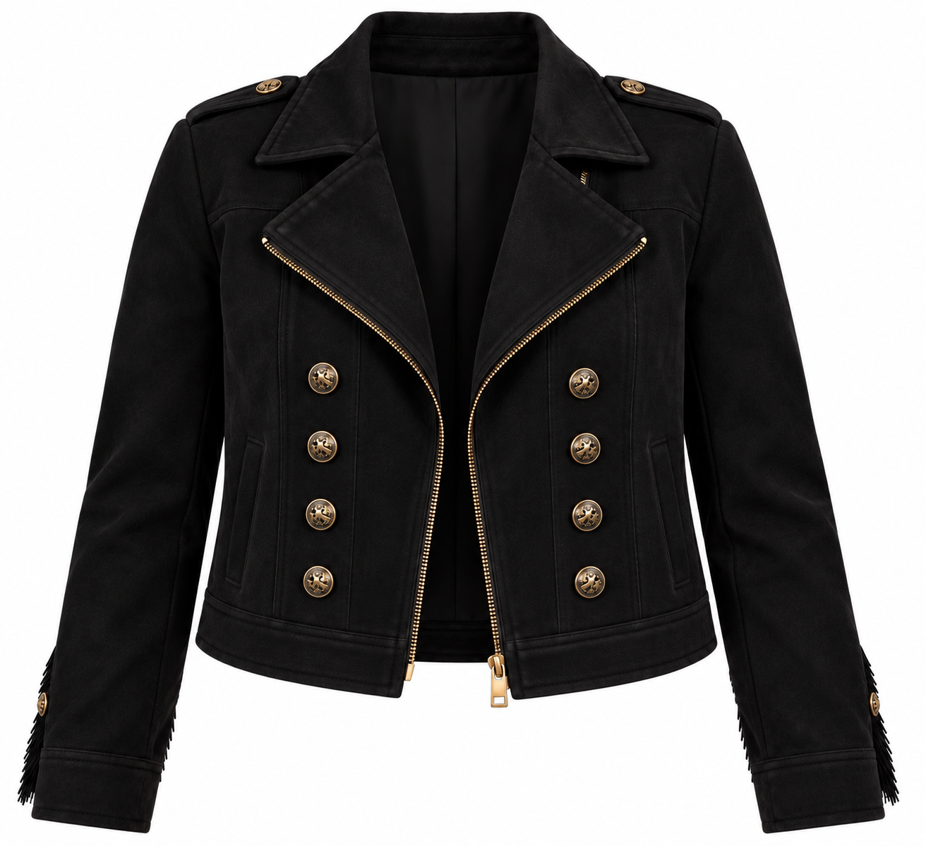 Zwart jasje dubbel knoop met stoere bikerlook en luxe goudkleurige details. De dubbele knopenrij, schuine ritssluiting en vrouwelijke pasvorm maken dit zwarte damesjasje perfect voor zowel een casual als geklede outfit. Zwart jasje dubbel knoop met stoere bikerlook en luxe goudkleurige details. De dubbele knopenrij, schuine ritssluiting en vrouwelijke pasvorm maken dit zwarte damesjasje perfect voor zowel een casual als geklede outfit.