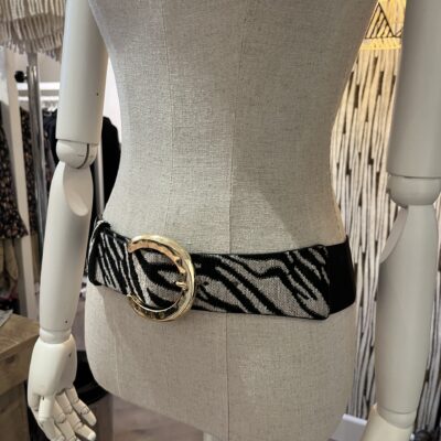zwarte elastiche stretchriem dames met zebraprint grijs en gouden gesp