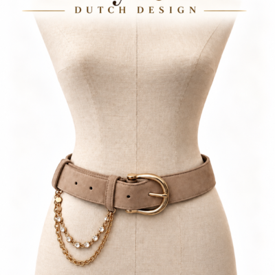 Taupe kleurige suede damesriem met gouden kettingen Jewel belts by Darcey&Dolls