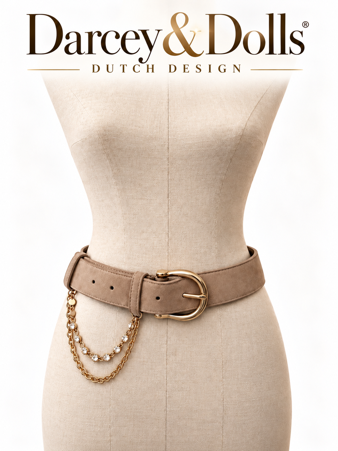 Taupe kleurige suede damesriem met gouden kettingen Jewel belts by Darcey&Dolls