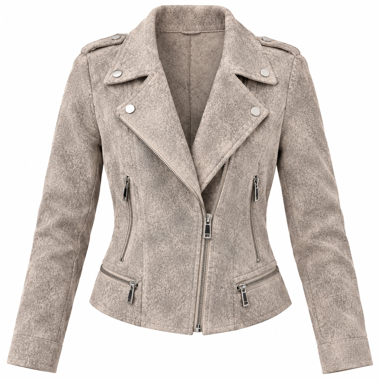 Dames jasje strak biker model stretch stof taupe grijs