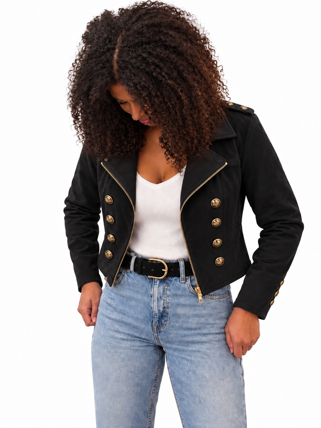 zwart kort damesjasje biker model met matte gouden knopen in twee rijen