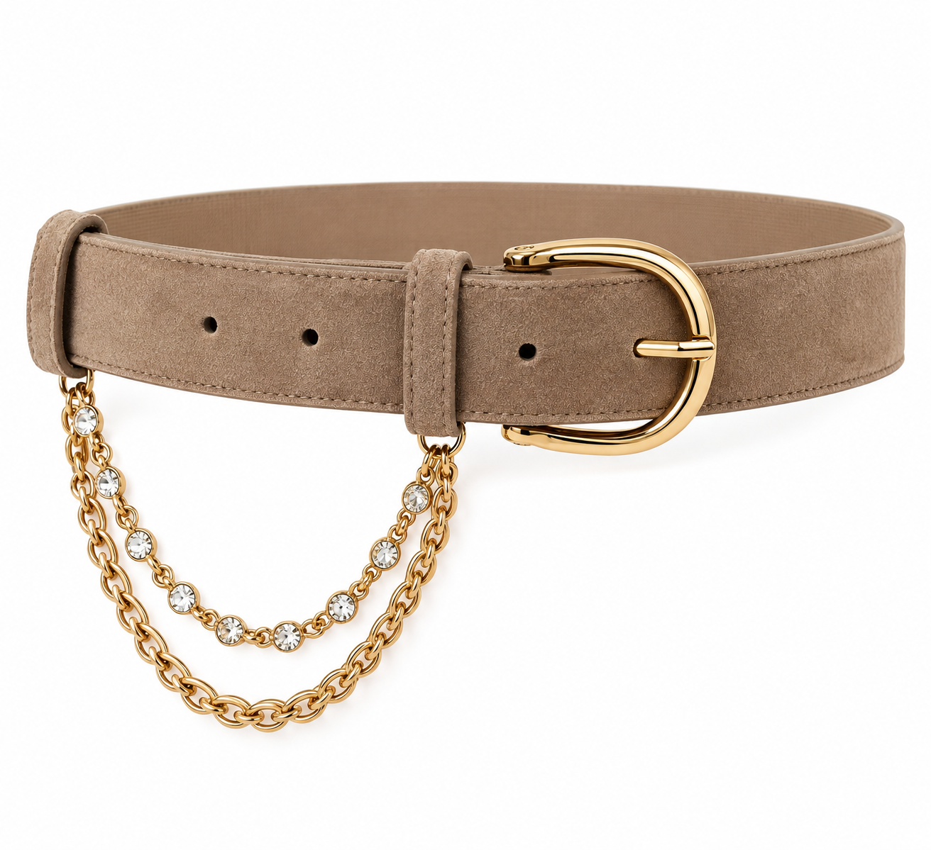 Taupe kleurige suede damesriem met gouden kettingen Jewel belts by Darcey&Dolls