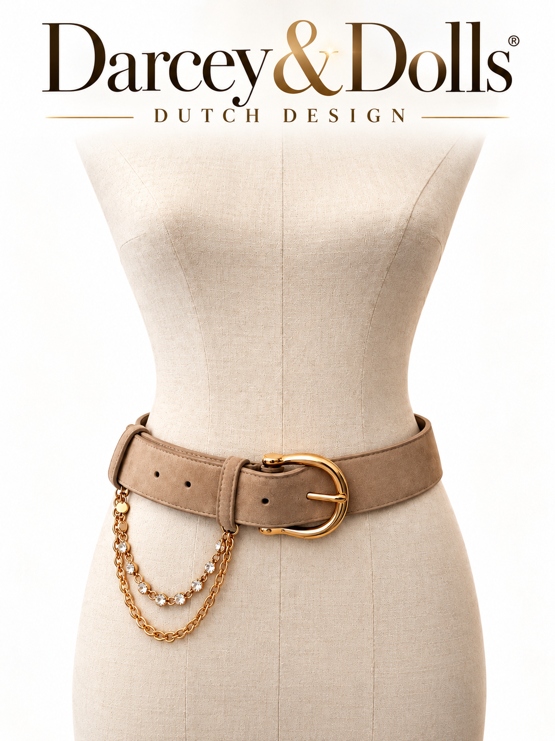 Taupe kleurige suede damesriem met gouden kettingen Jewel belts by Darcey&Dolls