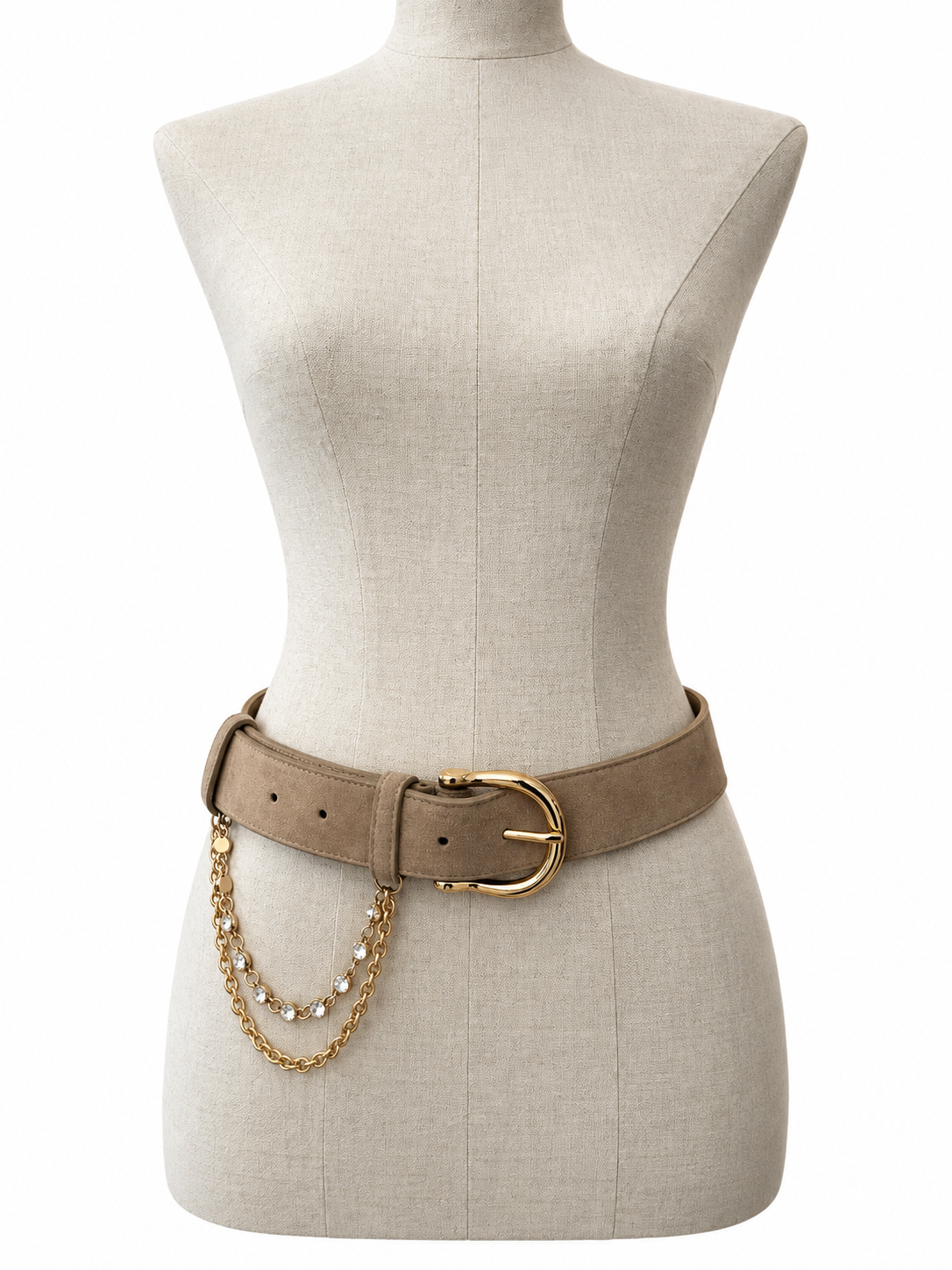 Taupe kleurige suede damesriem met gouden kettingen Jewel belts by Darcey&Dolls